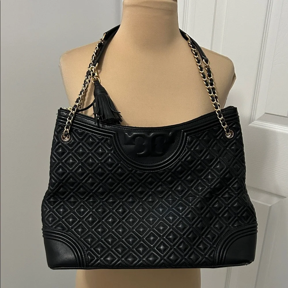 Tory Burch Fleming Black Leather Quilted Tote Bag